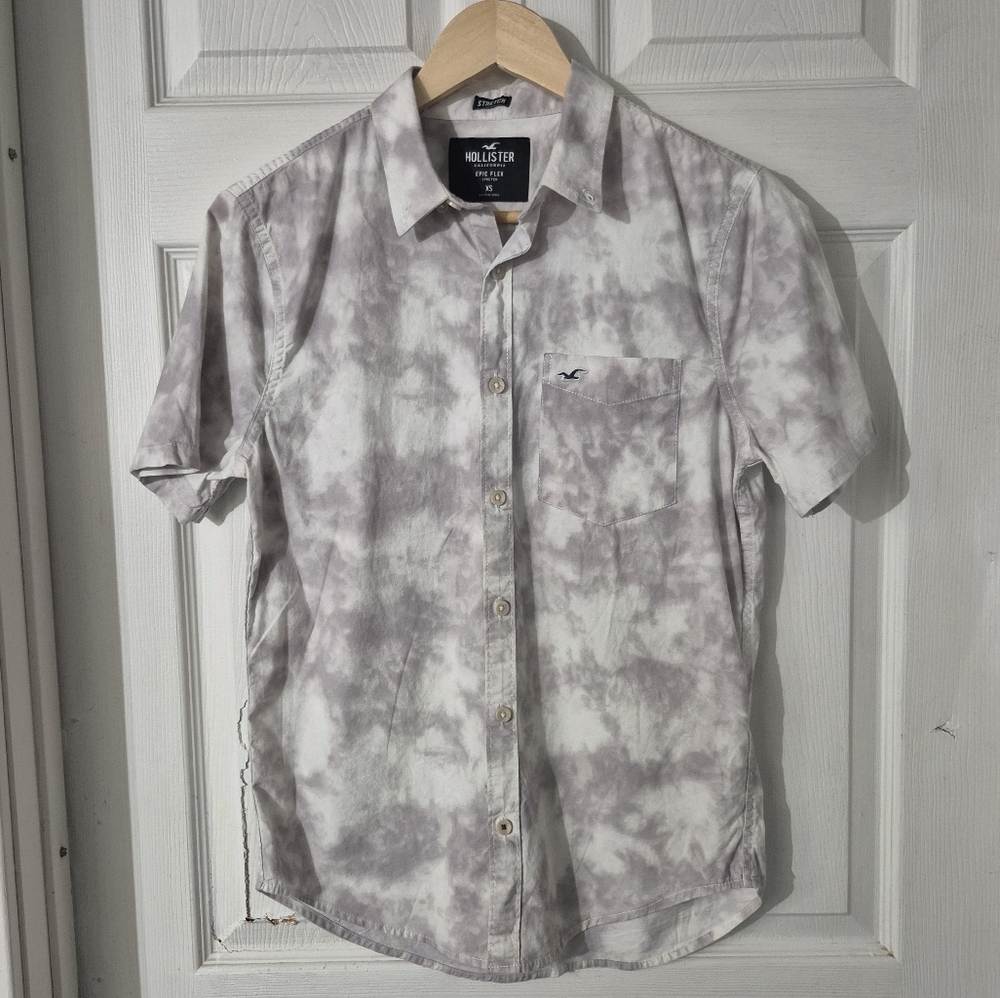 Men's Hollister Tie-Dye Gray Button Down SS Shirt Sz XS